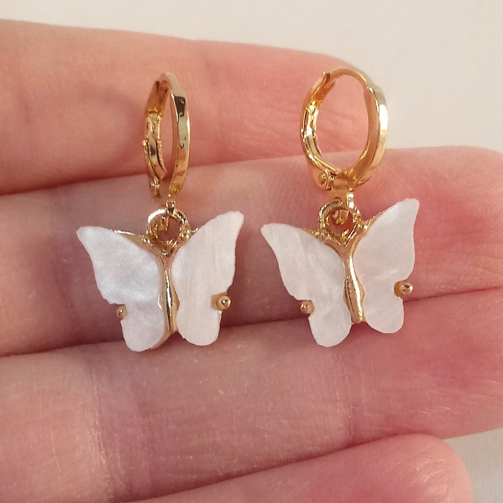 Gold Plated White Opal Resin Butterfly Dangle Earrings 12mm Womens